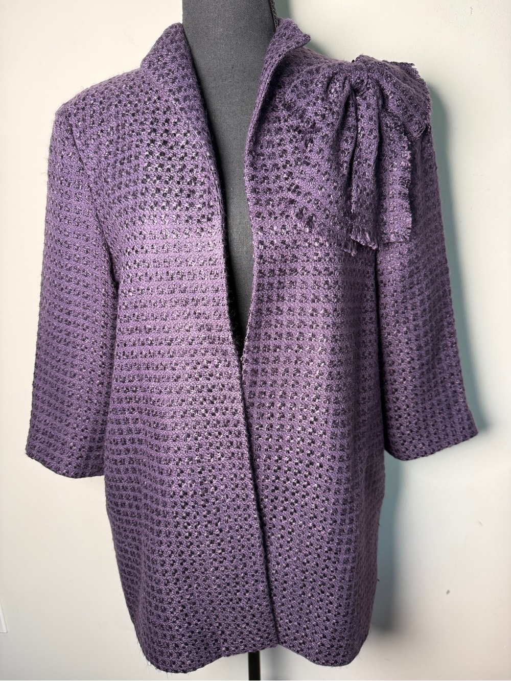 Grace Chuang New York Purple Boucle Bow Wool Open Front Statement Coat Sz L